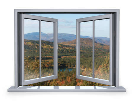 open white window with a view to the mountainの写真素材