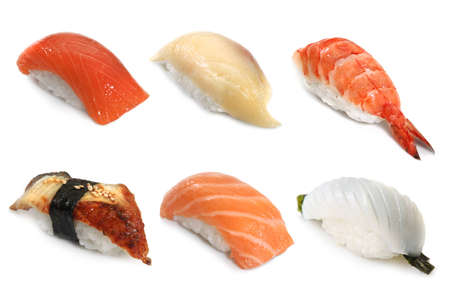 six sushi on the white backgroundの写真素材