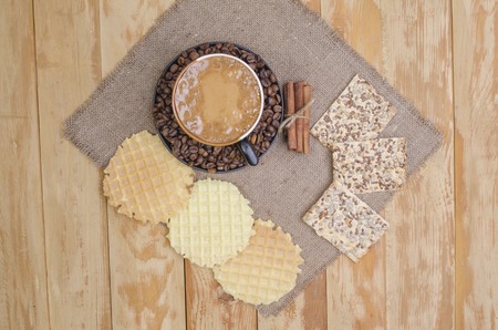 the invigorating breakfast from hot coffee with cookies and wafersの写真素材