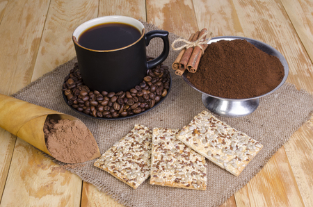 the invigorating breakfast from hot coffee with cookies and wafersの写真素材