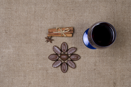 hot drink the top view with seasonings and chocolateの写真素材