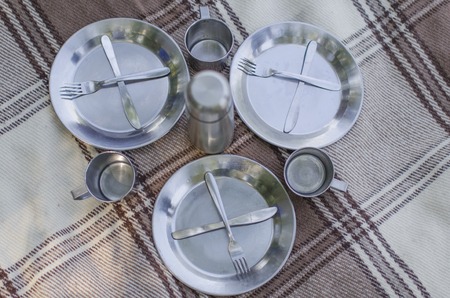 ware on a plaid for picnic outdoorsの写真素材
