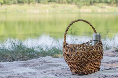 ware on a plaid for picnic outdoorsの写真素材