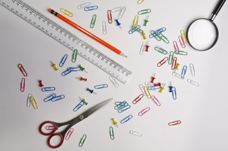office devices on a wooden table in studioの写真素材
