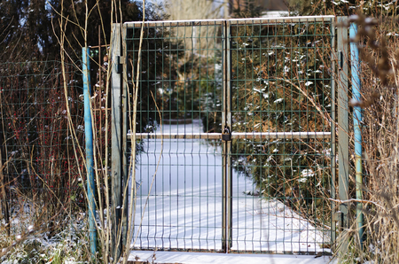 old and rusty iron gate in the park at the castle in winterの写真素材