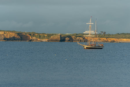 Large traditional sailing boat in a bay on the Atlantic Ocean. Camaret sur mer, Crozon, Finistere,...