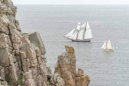Large traditional sailing boat in a bay on the Atlantic Ocean. Camaret sur mer, Crozon, Finistere, Brittany, France, Europe.の写真素材
