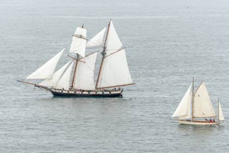 Large traditional sailing boat in a bay on the Atlantic Ocean. Camaret sur mer, Crozon, Finistere,...