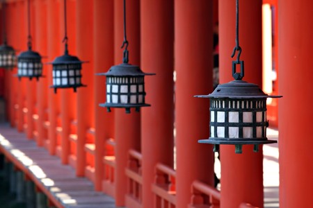 Lanterns at Miyajima's Itsukushima Shrine - near Hiroshima Japanのeditorial素材