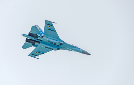 BUCHAREST, ROMANIA - JULY 30, 2016. Mig 21 Lancer pilot training over the city