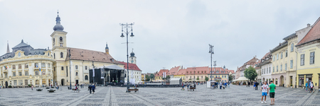 SIBIU, ROMANIA - AUGUST 10, 2016: Great Square from downtown (Piata Mare)のeditorial素材