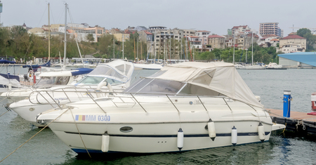CONSTANTA, ROMANIA - SEPTEMBER 3, 2014. The docks (port) with boats, dockyard.のeditorial素材