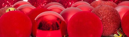 Red christmas shinny globes, christmas tree ornamentsの写真素材