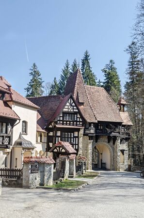 SINAIA, ROMANIA - MARCH 21, 2015: Detail of the land domain Peles, own by Regele Mihai (King Michael) of Romania, now works as museumのeditorial素材