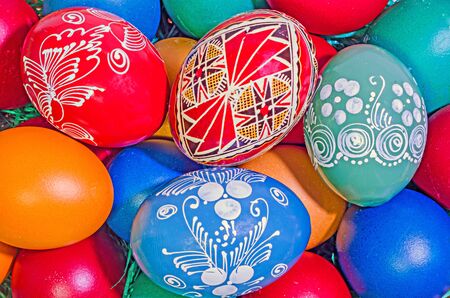 Many colored painted easter eggs, romanian tradional, close up backgroundの写真素材