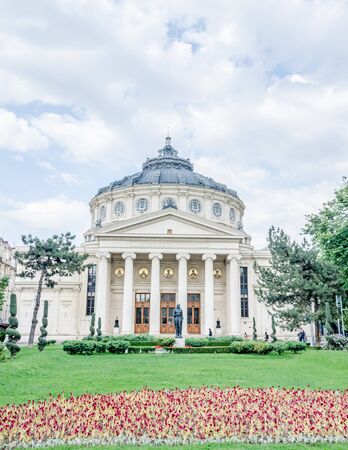 BUCHAREST, ROMANIA - MAY 25, 2014: The Building called "Ateneul Roman". Romanian Athenaeum. Detail of Coupola.のeditorial素材