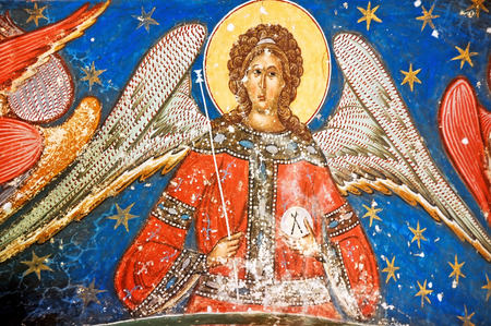 Romania, Moldavia 5th July 2010. Visiting the Monastery Humor. Detail of exterior paint.のeditorial素材