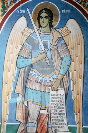 MOLDOVA, ROMANIA - JULY 4,  2014. Visiting the Monastery Sihastria. Exterior paint of Saint Archangel Michael.のeditorial素材