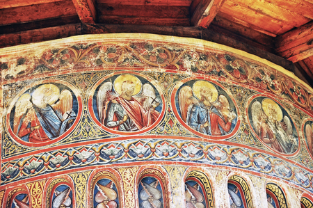 MOLDOVA, ROMANIA - JULY 4,  2014. Visiting the Monastery Voronet. Details of painted exterior walls. Dominant color is well known blue of Voronet.のeditorial素材