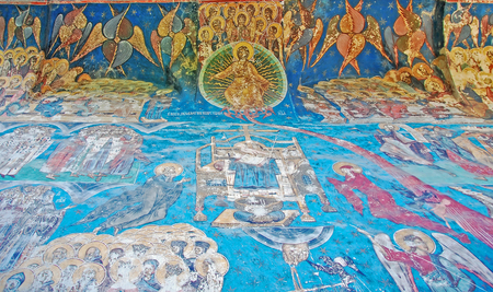 Romania, Moldavia 5th July 2010. Visiting the Monastery Humor. Detail of exterior paint.のeditorial素材