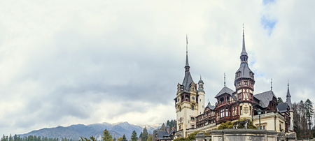 ROMANIA, SINAIA - APRIL 4, 2017: The Peles Castle from Sinaia Romania, Carpathian Mountainsのeditorial素材