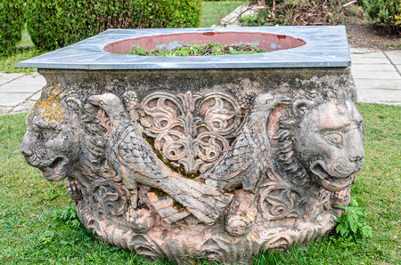 ROMANIA, SINAIA - APRIL 4, 2017: Detail from courtyard of the Peles Castle from Sinaia Romania, fountain.のeditorial素材