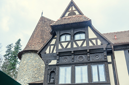 SINAIA, ROMANIA - APRIL 4, 2017: The Peles Castle from Sinaia Romania, exterior detail.のeditorial素材