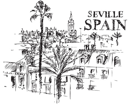 Illustration of the Giralda cathedral in Seville, Spain.のイラスト素材
