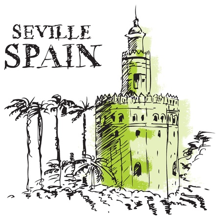 Illustration of the Torre de Oro, naval tower in Seville, Spainのイラスト素材