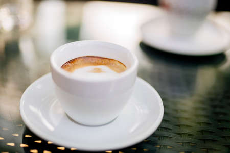 Espresso coffee on table outdoorsの写真素材
