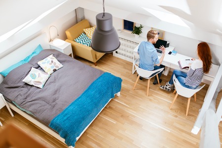 Beautiful couple working from clean nicely designed home