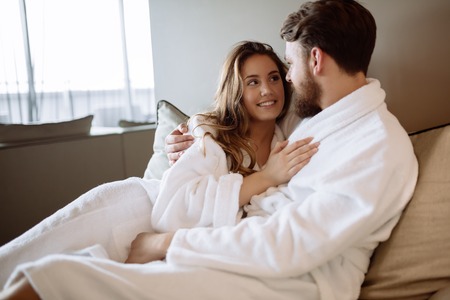 Romantic couple enjoying honeymoon and wellness treatmentsの写真素材