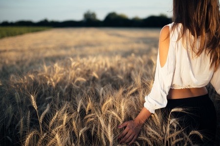 Beautiful romantic woman in golden fields of barleyの写真素材