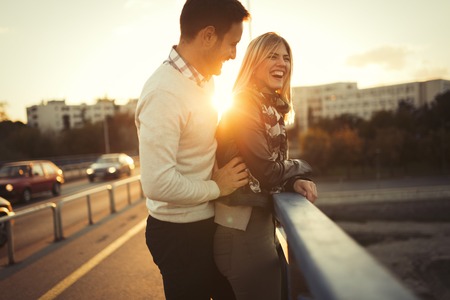 Happy tourist couple in love traveling and bondingの写真素材