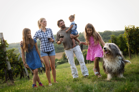 Winemaker family happy together in vineyard before harvestingの写真素材