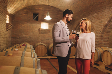 Wine loving couple tasting wines in winery cellarの写真素材