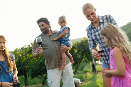 Winemaker family happy together in vineyard before harvestingの写真素材