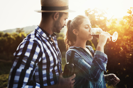 Happy people tasting wine in vineyardの写真素材