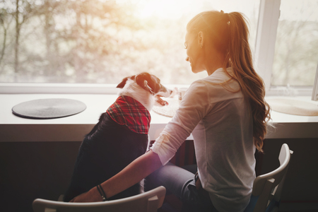 Beautiful woman happy while spending time with her dog at homeの写真素材