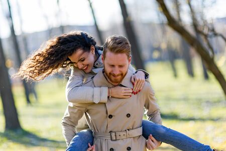Young couple having romantic date in parkの写真素材