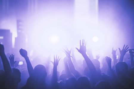 Cheering crowd with hands in air at music festivalの写真素材