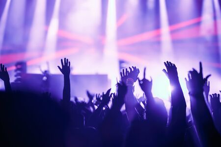 Cheering crowd with hands in air at music festivalの写真素材