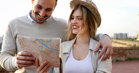 Beautiful couple traveling and sightseeingの写真素材