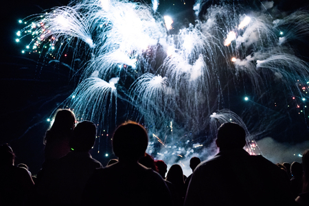 New year concept - cheering crowd and fireworks