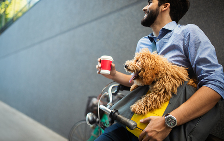 Handsome business man on street drinking coffee with dogの写真素材