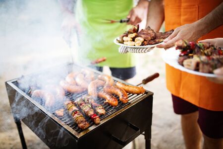 Friends having a barbecue party in nature while having funの写真素材