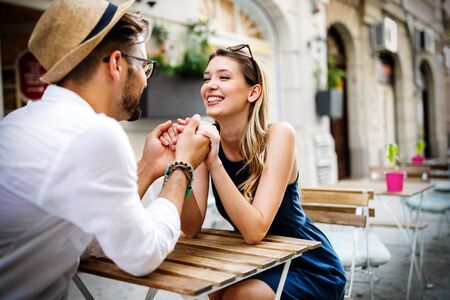 Romantic beauty portrait of happy hipster couple in love hugs and having funの写真素材