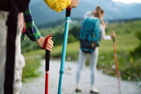 Trekking, hiking, camping and wild life concept. Group of friends walking together in natureの写真素材