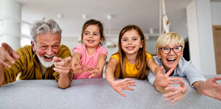 Portrait of happy elderly couple and grandchildren playing togetherの写真素材