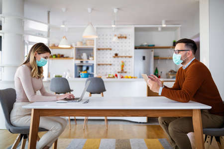 Social distance and online work with technology devices at home, office